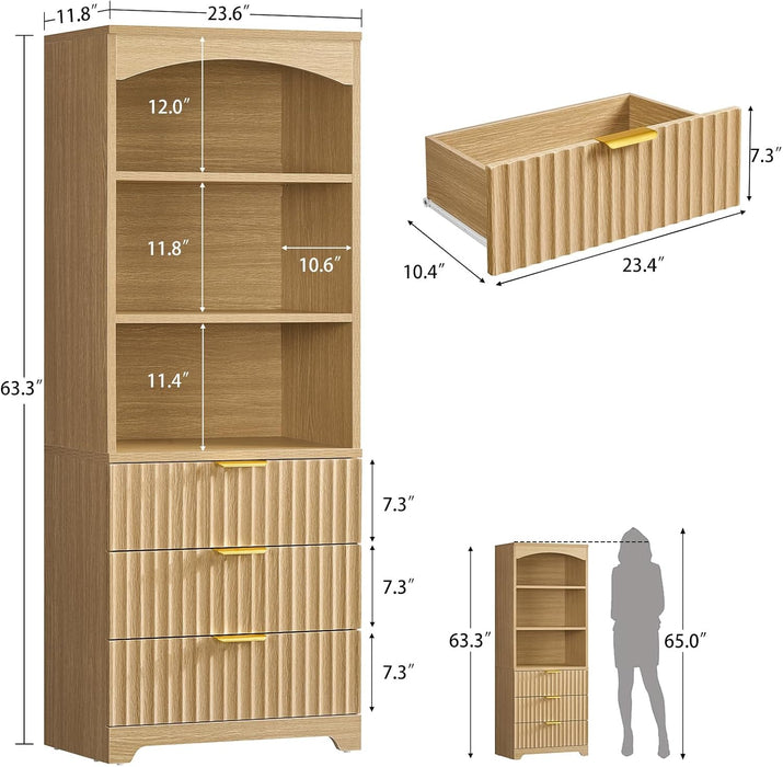 63.3" Tall Bookshelf, Bookshelves and Bookcases with Drawers, Arched Design Bookcase with Storage Cabinet, Natural Wood Grain Wave Pattern Storage Shelves for Living Room, Bedroom,Office