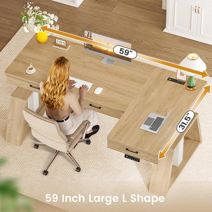 59 Inch L Shaped Electric Standing Desk with Drawers, Executive Adjustable Desk with Power Outlets, Sit Stand Computer Table for Home Office, Oak