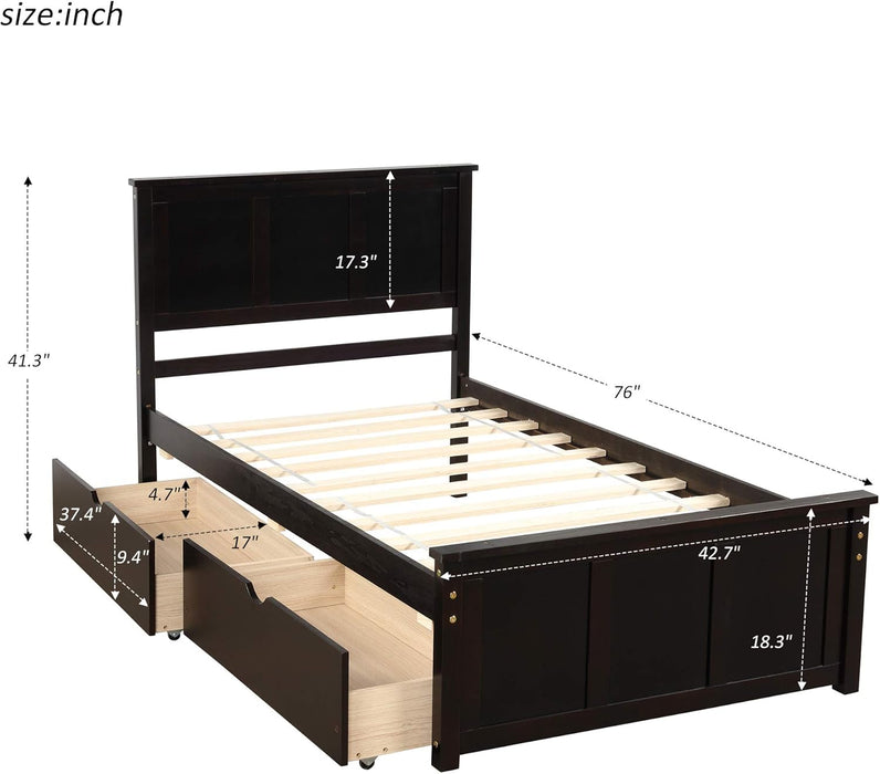Twin Platform Beds with Storage Drawers Solid Wood Twin Bed Frame with Headboard and Footboard, No Box Spring Needed, Espresso
