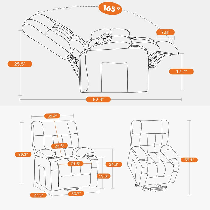 Recliner Chair, Reclining Massage Chair with Heat, Home Theater Seating with Lumbar Support, Adjustable Electric Power Lift Chair with Cup Holders Remote Control for Living Room, Grey