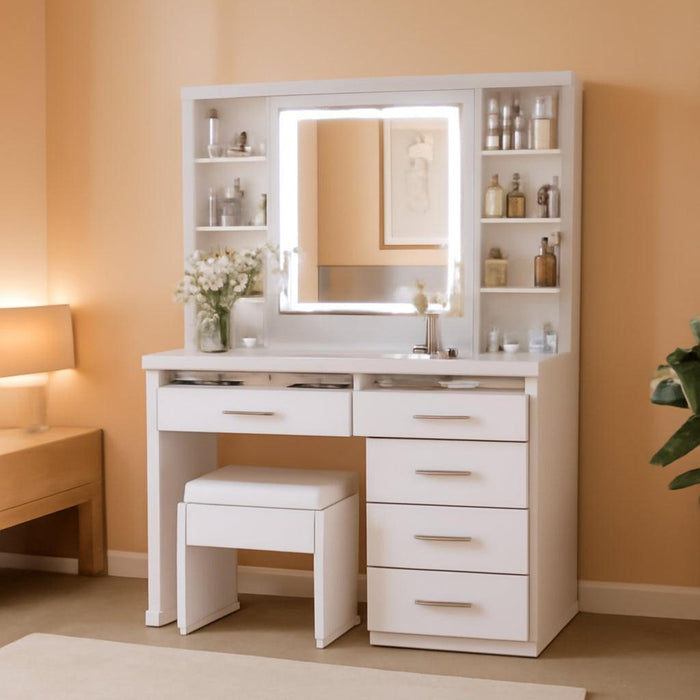 Vanity Desk with Mirror and Lights, Makeup Vanity with 5 Drawers, Makeup Desk with Charging Station and Ample Storage, Dressing Table with Chair for Bedroom Room (White)