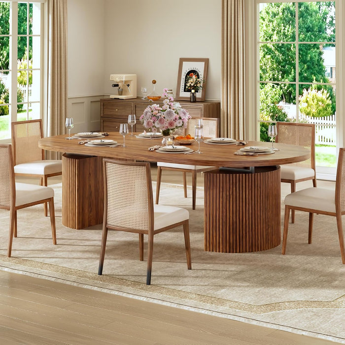 Extendable round Dining Table for 4-8, 39In-77In Long Large Kitchen Table with Fluted Base, Space Saving Modern Farmhouse Oval Dinner Tables for Dining Room, Kitchen, Living Room, Brown