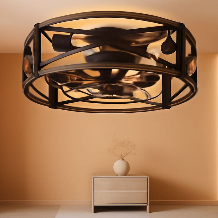 20" Farmhouse Flush Mount Ceiling Fans with Lights and Remote, Industrial Black Caged Low Profile Fandelier, 6 Speeds Bladeless Ceiling Fan for Bedroom, Kitchen, Living Room