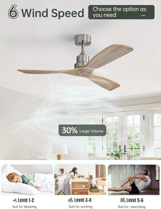 52 Inch Ceiling Fans No Light-Outdoor Ceiling Fan with Remote Control, Modern Wood Ceiling Fan without Light for Bedroom Indoor Patios Farmhouse,Reversible DC Motor,Brushed Nickel&Natural Wood