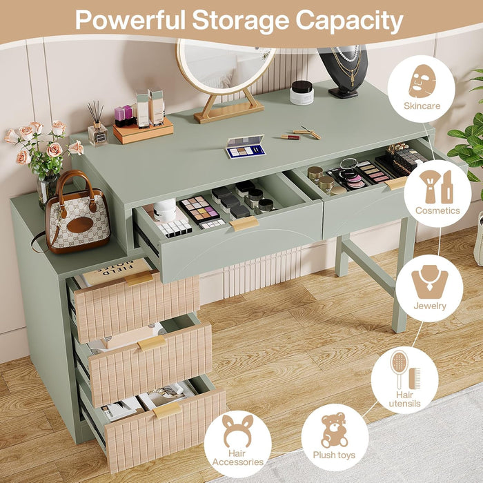 Makeup Vanity Desk with 5 Drawers, Modern Small Dressing Desk with Storage, Wood Make up Table for Bedroom, Narrow Space (Without Mirror), Mint Green
