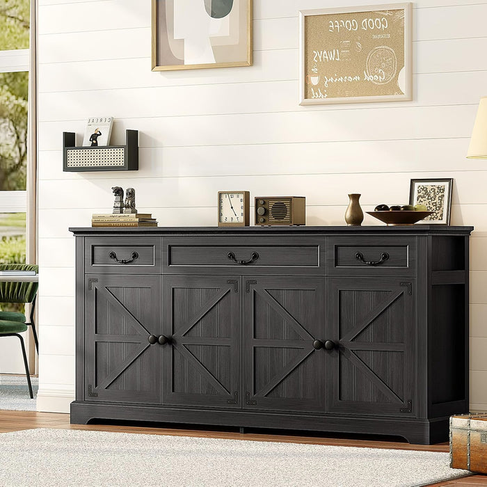 65" Large Sideboard Buffet Cabinet with Storage, Farmhouse Buffet Table Wine Coffee Bar Kitchen Storage Cabinet with 3 Drawers 4 Doors for Living Room, Kitchen, Dining Room, Black Oak