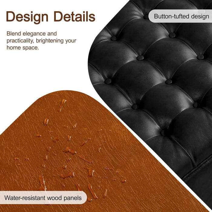 30" Faux Leather Square Storage Ottoman with Wooden Tray, Modern Tufted Button Footstool Coffee Table, Upholstered Large Ottoman for Living Room, Bedroom, Black