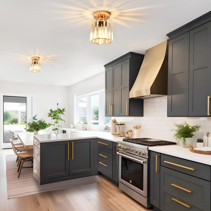 Mini Crystal Semi Flush Mount Ceiling Light Fixture, Gold Small Chandelier Hallway Light Fixtures for Foyer Entryway Walk-In Closet, Fit E26 Base Bulbs, 1-Light, 5.3Inch