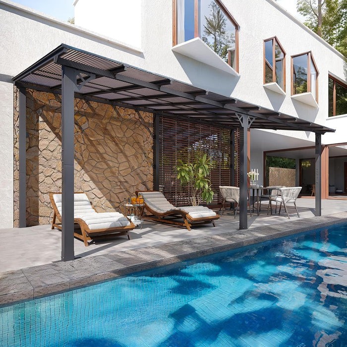 10X20Ft Lean to Gazebo, Hardtop Metal Pergola with Polycarbonate Roof, Large Wall Mounted Heavy Duty Awnings, Patio Canopy for Backyard, Deck, Porch