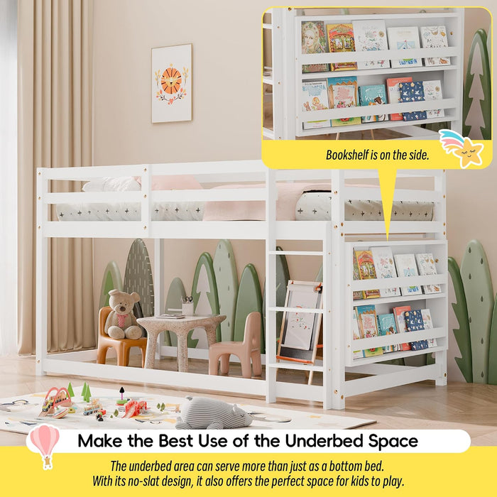 Low Bunk Bed for Kids, Floor Bunk Bed Twin over Twin with Bookshelves & Full Guardrails, Wooden Twin Bunk Bed Frame for Bedroom, Dorm, Boys, Girls, Children, Toddler (White)