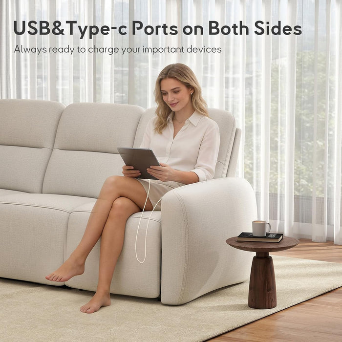 3 Seater Power Reclining Sofa, Overstuffed Recliner Couch with USB and Type-C Charge Ports, Reclining Couches for Living Room, Home Theater, RV (Beige, Fabric)