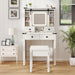 White Vanity Desk with Barn-Style Sliding Mirror and Lights, Glass Tabletop Makeup Vanity Desk with Drawers & Shelves, Farmhouse Vanity Dressing Table with Stool