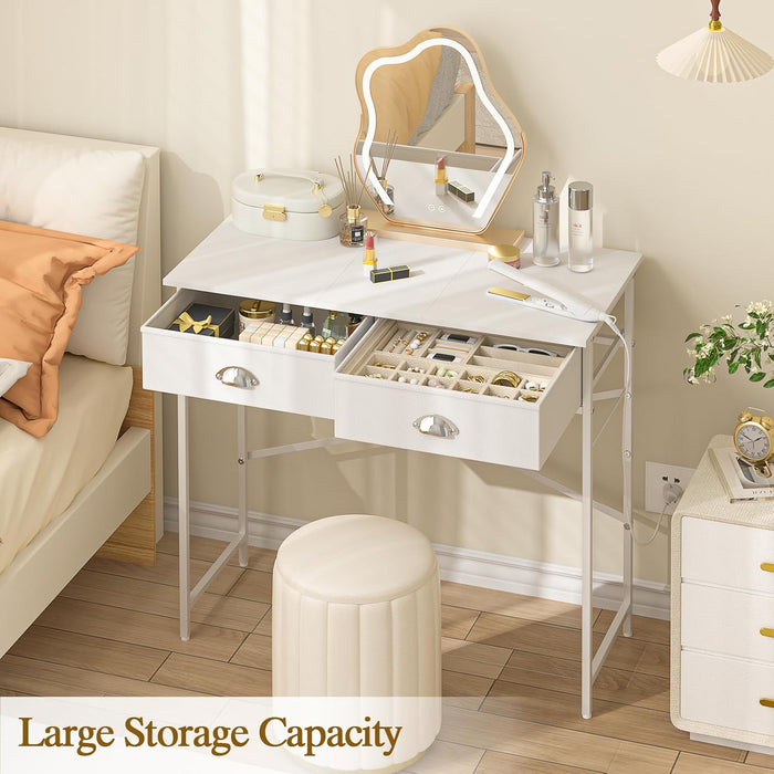 Small Vanity Desk No Mirror for Kids Bedroom, 31.5 Inch Vanity Table with Drawers, Makeup Vanity Desk for Narrow Spaces, White Dreessing Table(No Mirror)
