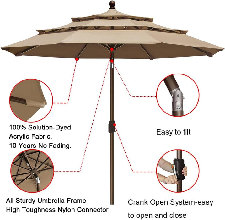 USA 10-Year-Non-Fading 9Ft 3-Tier Market Patio Umbrella, Commercial Grade Outdoor Table Umbrella with Crank Open, Windproof & UPF 50+ UV Protection, Heavy Duty Ventilation for Garden, Deck, Pool, Backyard, Beach & Bistro, Heather Beige