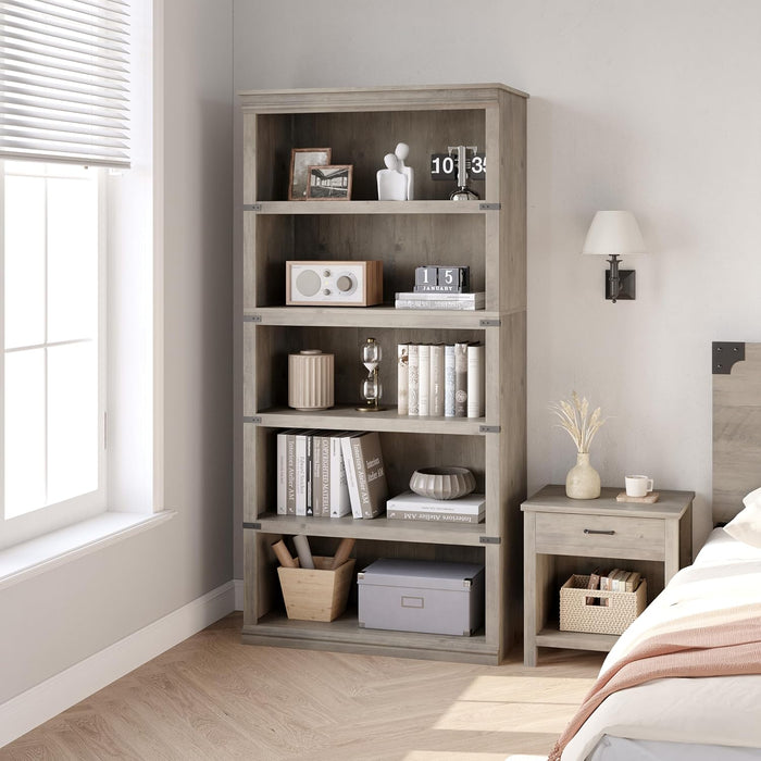 5 Tier Bookcase, Farmhouse Book Shelf with Storage Open Display Bookshelves, 67.4" Tall Book Case Wooden 5 Shelf Bookcase Home Decor Furniture for Home Office, Living Room, Bed Room - Grey