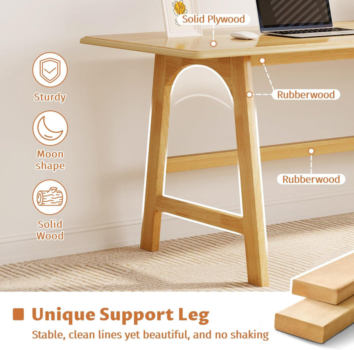 Solid Wood Writing Table - 60" W Minimalist PC Computer Desk, Oak