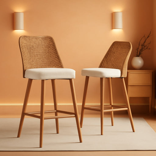 Rattan Counter Height Bar Stools Set of 2, 26" Boucle Fabric Upholstered Barstools with PE Rattan Cane Back, Bar Chairs Counter Stools for Kitchen Island,Beige White