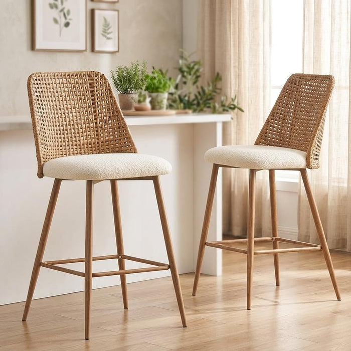 Rattan Counter Height Bar Stools Set of 2, 26" Boucle Fabric Upholstered Barstools with PE Rattan Cane Back, Bar Chairs Counter Stools for Kitchen Island,Beige White