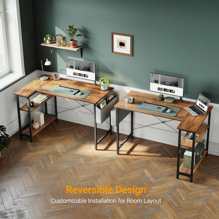 L Shaped Desk, 40 Inch Computer Desk with Reversible Storage Shelves Home Office Corner Desk Study Writing Table, Deep Brown