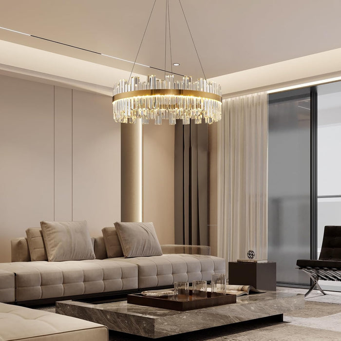 Gold Modern Crystal Led Chandelier,Round Drum Chandelier over Table | 23.6" Dimmable Led Golden Luxury Chandelier,K9 Crystals Height Adjustable Chandelier for Dining Room Living Room Bedroom