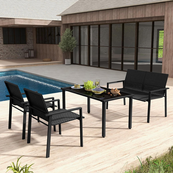 4 Pieces Wicker Patio Conversation Set with Coffee Table, PE Rattan Chairs with Galvanized Metal Frame, Outdoor Table and Chairs Set for Small Space, Balcony, Poolside, Backyard (Black)