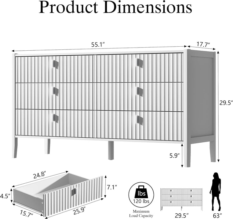 White 6 Drawer Dresser, Modern Wide Dresser for Bedroom, Fluted Wood Chest of Drawers with Metal Handles for Clothes, Storage Cabinet for Living Room, Entryway, Office