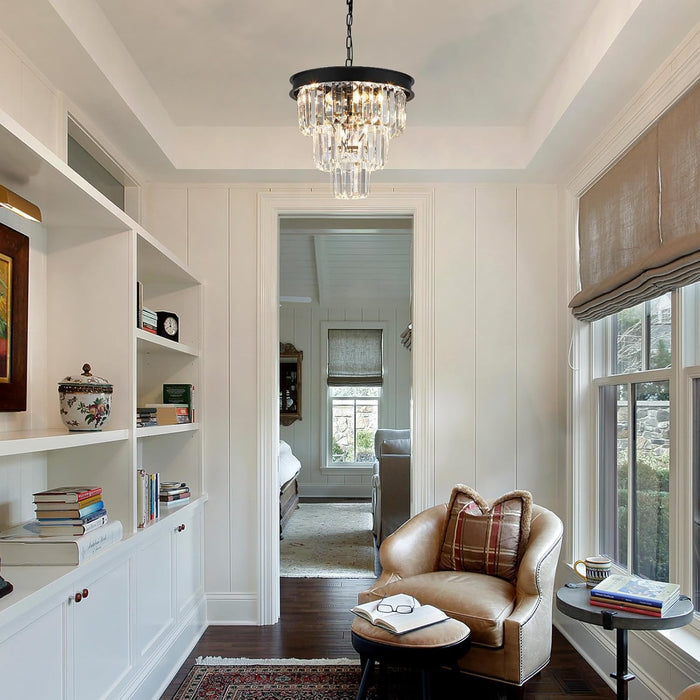 Crystal Chandeliers for Dining Room Light Fixtures over Table，4-Lights Modern Black Crystal Pendant Lighting Fixture，3 Tiers Small Chandeliers for Kitchen Island Bedroom Entryway D12 Inch