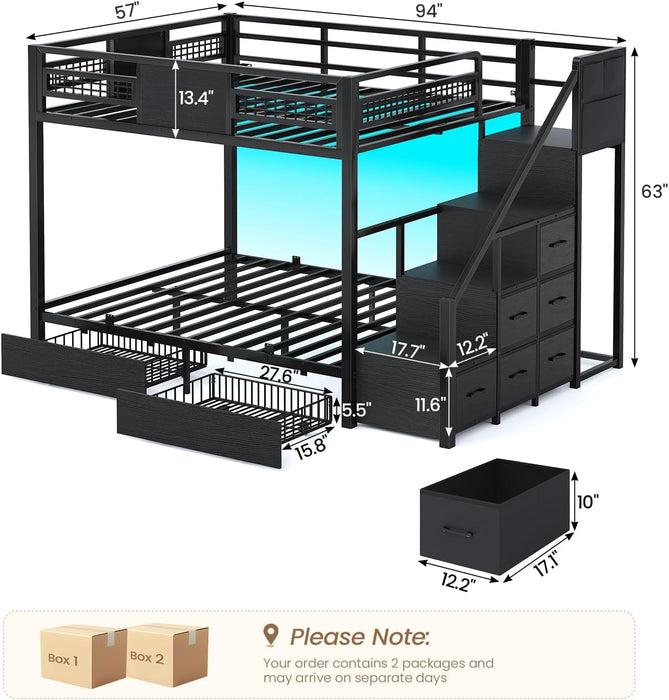 Black FullOverFull Bunk Bed LEDLighting Quality Durable