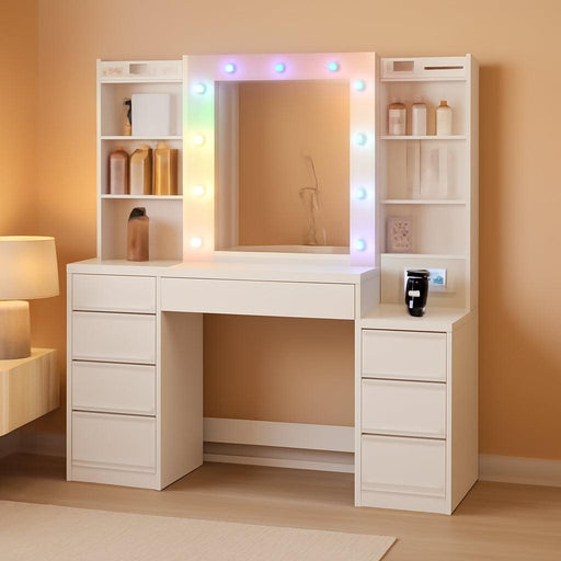 Vanity Desk with Mirror, Makeup Vanity with RGB Led Lights,Dressing Table with Power Strip,8 Drawers & 8 Storage Shelves, 47.2Inch Desktop, Modern, White