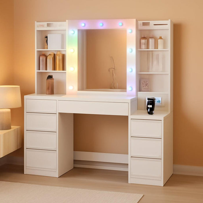 Vanity Desk with Mirror, Makeup Vanity with RGB Led Lights,Dressing Table with Power Strip,8 Drawers & 8 Storage Shelves, 47.2Inch Desktop, Modern, White
