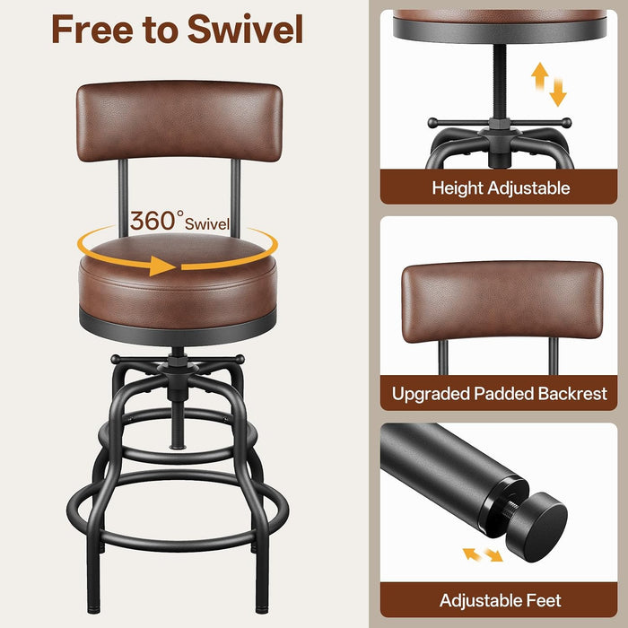 22-29 Inch Adjustable Height Swivel Bar Stools with Back Set of 2 | Vintage Bar Counter Height Stool with Thicken Premium Bonded Leather Seat & Sturdy Padded Backrest, Easy Assembly, Brown