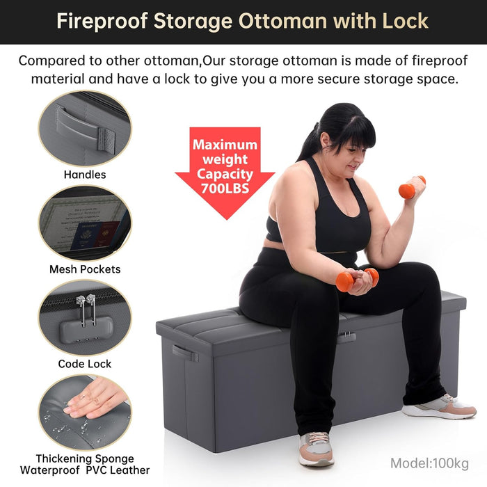 Storage Ottoman, Fireproof Folding Bench with Lock(15”X 43”X15”), Water-Resistant ＆ Heat Insulation Large Storage Chest with Handles＆2 Extra Spaces Safe for Living Room, Bedroom, Home, Grey