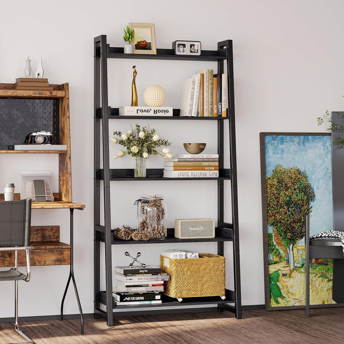 Industrial Bookshelf 5-Tier 31.5 in Wide, Bookcase Ladder Shelf, Storage Shelves Rack Shelf Unit, Accent Furniture Metal Frame, Home Office Furniture for Bathroom, Living Room