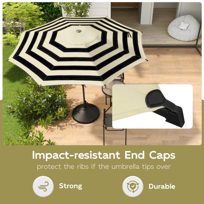 9Ft Outdoor Patio Umbrella, Push Button Tilt and Crank, 8 Ribs, Black & Cream Stripe