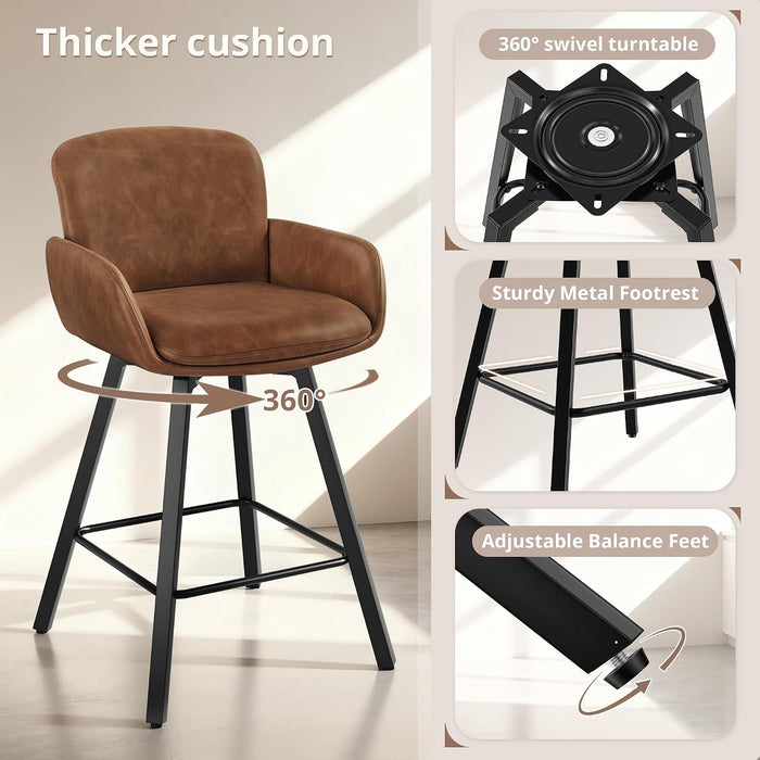 26" Swivel Bar Stools Set of 3, Counter Height Bar Stools with Backrest and Arms, Modern Upholstered Barstools with Metal Legs for Kitchen Island, Brown