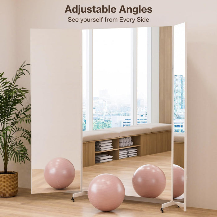 Full Length Stand up Mirror on Wheels,75''L×95''W,Large Tri-Fold Floor Mirror with Stand,Movable 3-Way Full Length Standing Mirror for Gym, Dance Studio, Fitness Room, and Home (Silver)