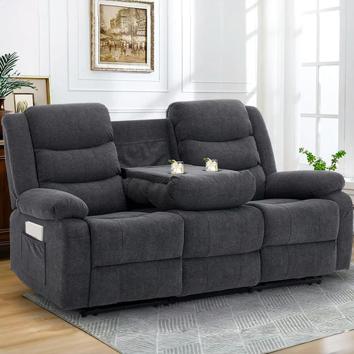 Recliner Sofa, Reclining Loveseat with Console, Oversized Reclining Couch with Drop down Table, 3-Seater Sofa with Cup Holder and Recessed Power Strip, Grey