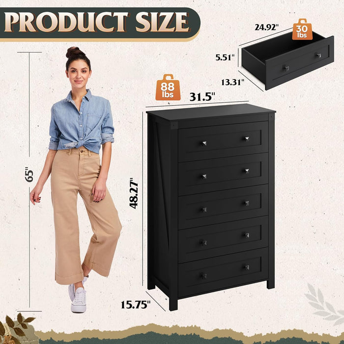 Farmhouse 5 Drawer Dresser for Bedroom, Wood Dresser Storage Organizer, Tall Black Dressers with Double Rustic Handle, Chest of Drawers for Living Room, Hallway, Closet