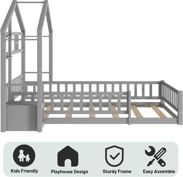 Twin House Bed With Fence Railings GrayFinishPineWood