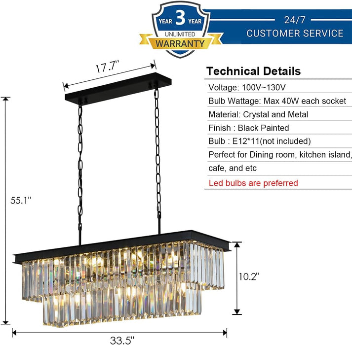 Black Crystal Chandelier Rectangular 33.5 Inch Dining