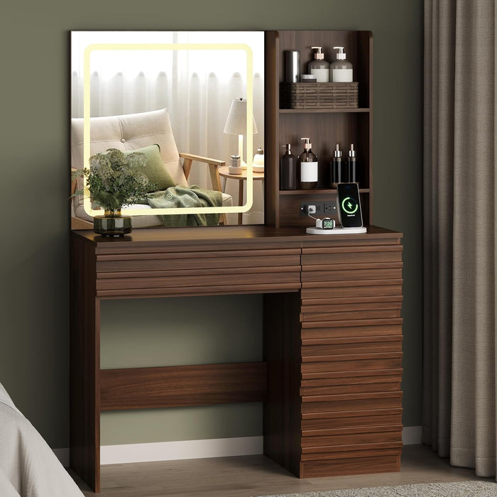 Walnut Multifunctional Vanity Desk With LED Illumination