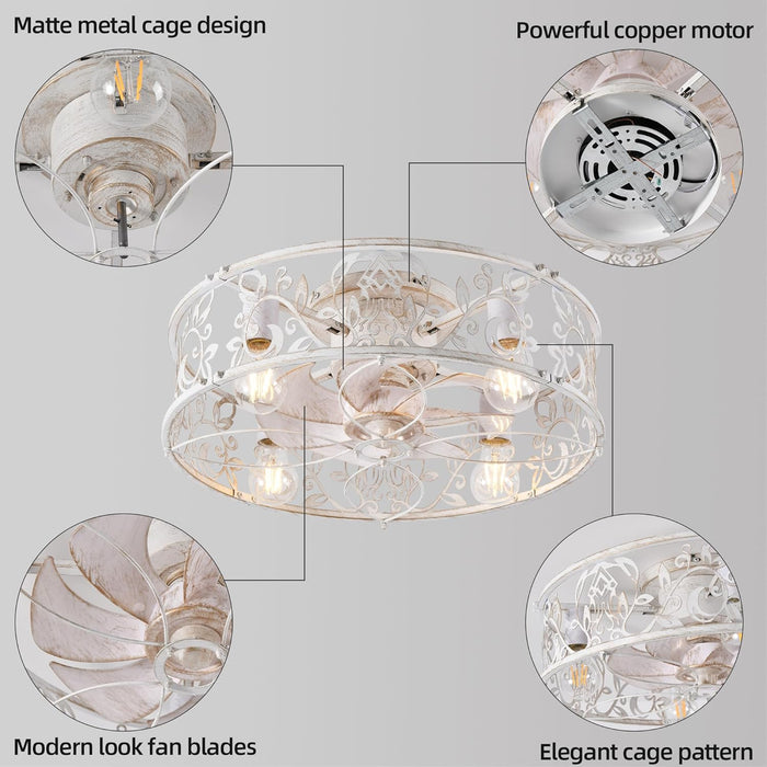 20" Caged Ceiling Fan with Light, Flush Mount Bladeless Fandelier with Remote, Small Low Profile for Bedroom, Kitchen, Dining Room, White Gold