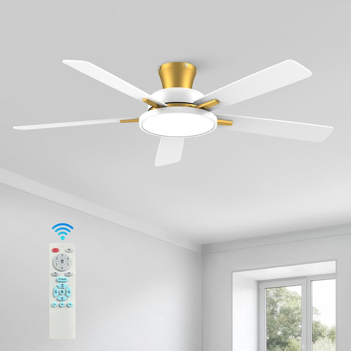 52 Inch Ceiling Fans with Lights and Remote,Ultra Silent Low Profile Ceiling Fan with Three Color Temperature and Dimmable Light with Reversible Blades White Gold