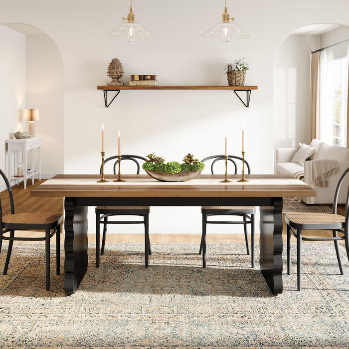 63-Inch Wooden Dining Table for 4-6 People, Modern Large Rectangular Kitchen Table with Thick Black Wave-Shaped Legs for Dining Room, Restaurant