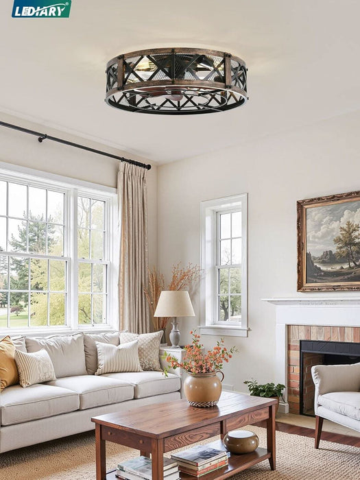 20" Caged Ceiling Fan with Light, App&Remote Control, Small Flush Mount Farmhouse Fan Lights, Low Profile Rustic Bladeless Ceiling Fan Fixtures for Bedroom, Kitchen-Black Gold Color