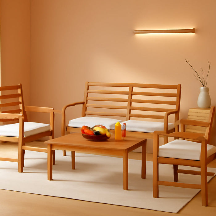 4 Pieces Outdoor Furniture Set, Acacia Wood Conversation Set W/Soft Seat Cushions, Stable Acacia Wood Frame, Patio Sofa & Coffee Table Set for Backyard, Porch, Poolside (White)