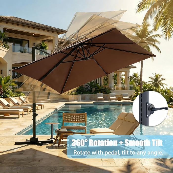 Large Cantilever Patio Umbrella, 10 Ft X 10 Ft Heavy Duty Aluminum Cantilever Offset Outdoor Umbrella with 360-Degree Rotation for Backyard, Deck, Pool, Tan