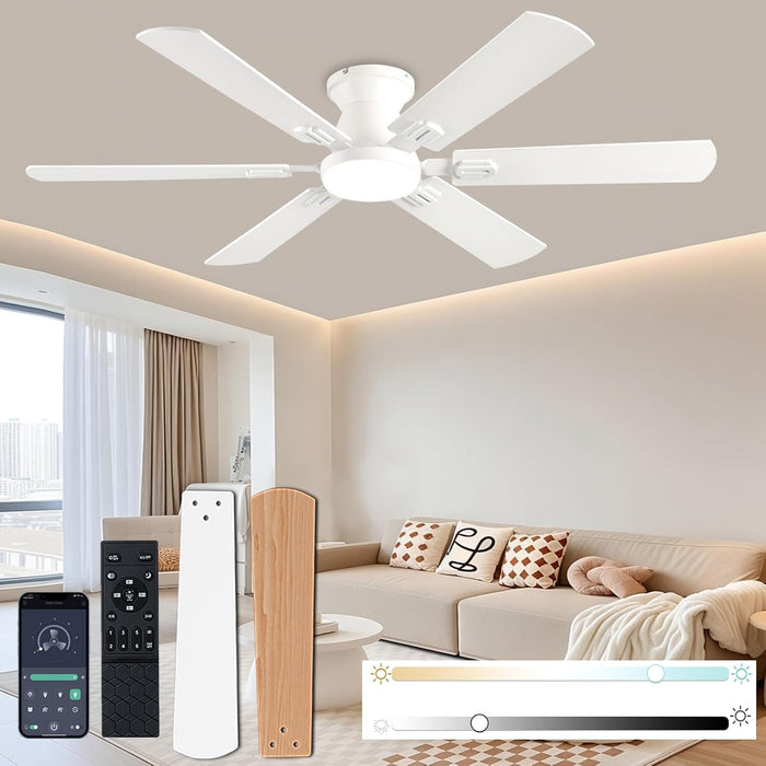 56 Inch Ceiling Fans with Lights, White Flush Mount Ceiling Fan with Light and Remote/App Control, 3Cct,Dimmable, Noiseless, Low Profile Ceiling Fan for Bedroom, Patio, Indoor/Outdoor Use