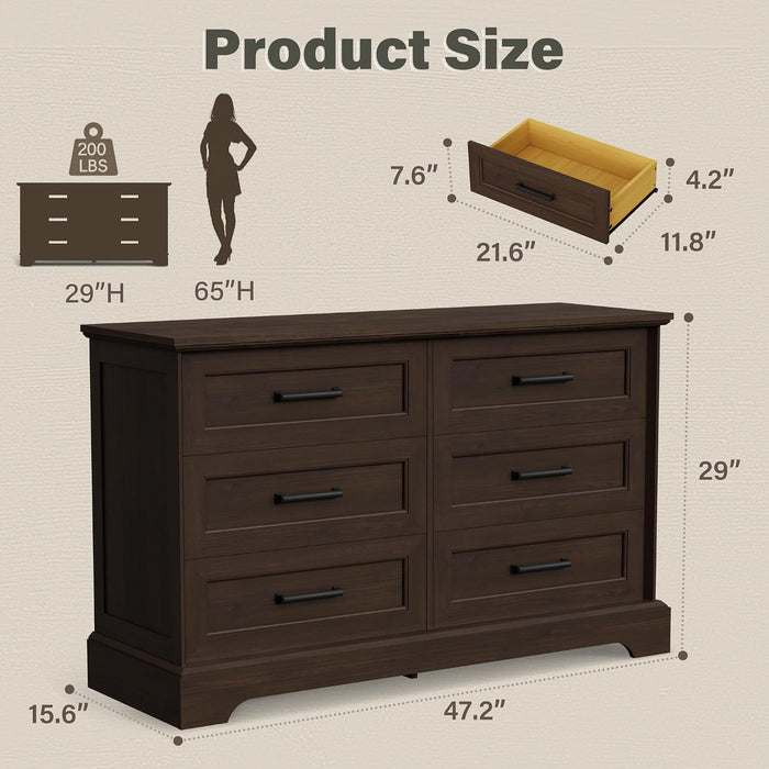 Dresser for Bedroom, Farmhouse 6 Drawers Dressers, Brown