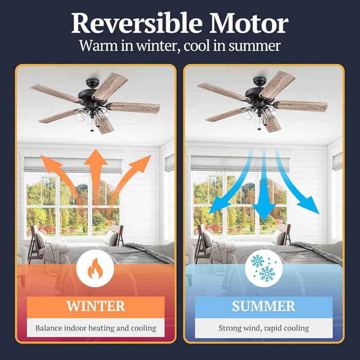 Saybrook 52 Inch Farmhouse LED Indoor Ceiling Fan with Light, Pull Chain Control, 5 Dual Finish Blades, Reversible Motor, Bronze